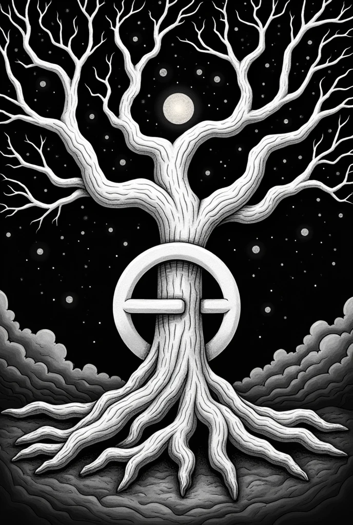 Black and white letter with a tree, stars and roots