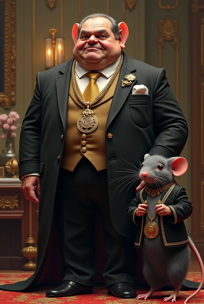 Create an image of an authority wearing luxury items and next to him a mouse wearing Prada