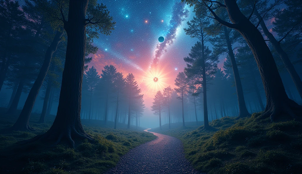 wallpaper of night forest gravel path, sky is galaxy view of many planets magic view, 8k, collision of two planets with super explosion in sky