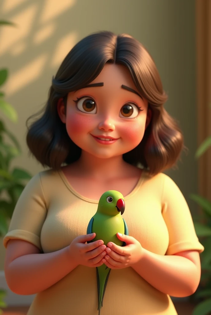 3d animation, chubby woman, with medium-length dark brown hair, holding a small green bird, with a red beak, black necklace of the ring neck species Psitaculla krameri