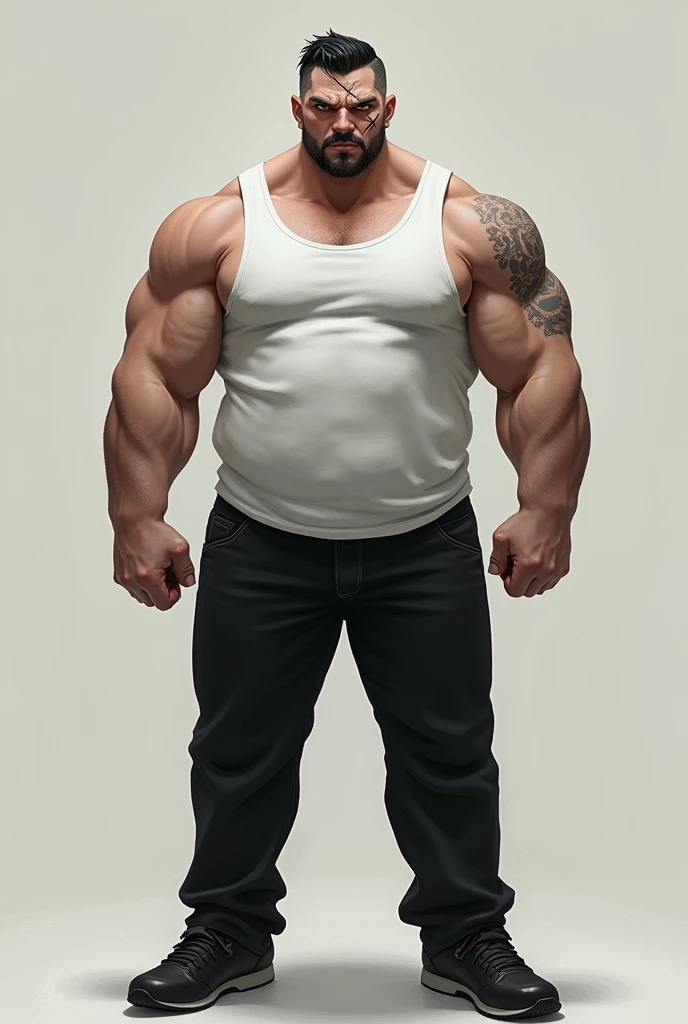 Tall Man, muscular, white tank top, black hair, short hair, black eyes, X-shaped scar on left cheek, short beard and mustache, pale, black pants, black shoes.