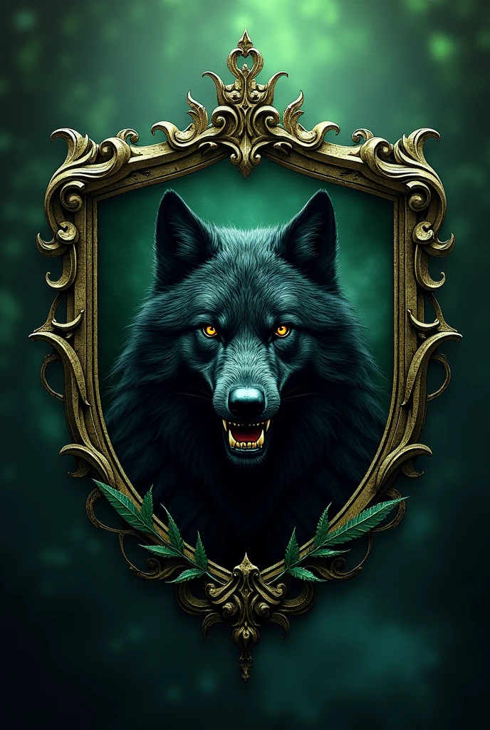 The emblem of the Necromancy faculty at Hogwarts. The color is dark green, the emblem has a black wolf with a grin. The symbolism of necromancy. Coat of arms in a beautiful frame.