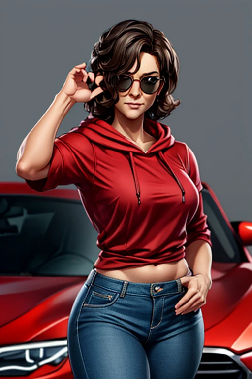 A mature male character with a hoodie and sunglasses looking directly at the camera, with a hot sexy girl, standing in front of a BMW car, huge and rounded , hourglass-body, thick-thighs, wearing a t-shirt and tight jeans, holding your waist, in the style of the GTA VI poster