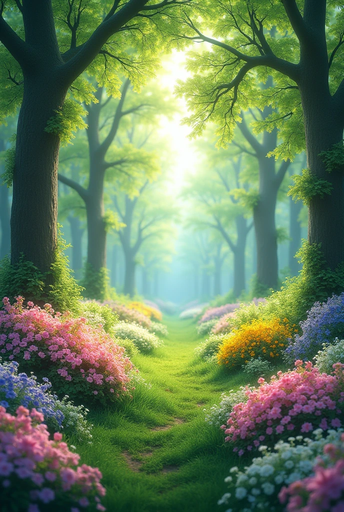 forest in spring many flowering bushes