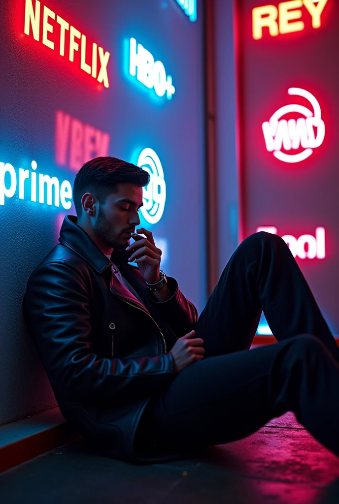 All streaming logos. netflix, Max, disney+, crunchyroll, prime video with neon lights And a guy smoking cigarette with his feet on a wall 