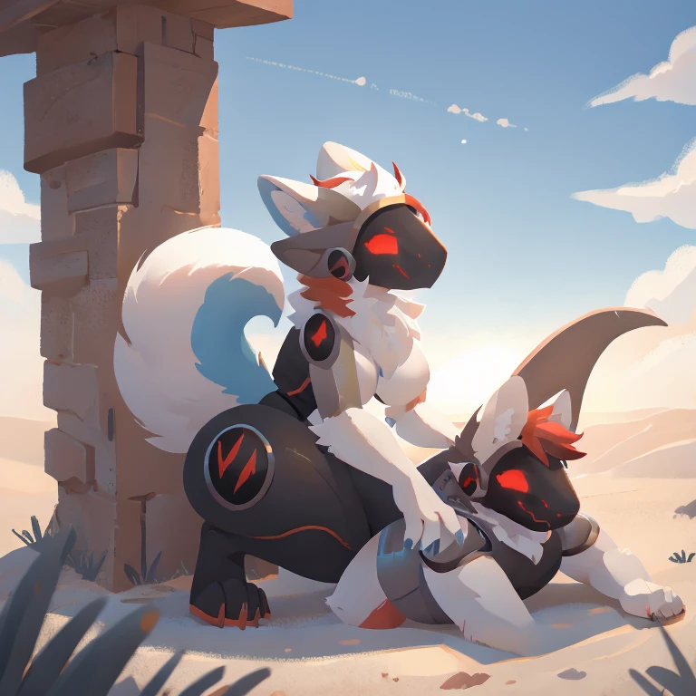 Female Protogen with extremely wide hips, skinny, extremely big breasts, extremely humongous thighs, Extremely humongous ass, white hair, white fur, huge White fluffy tail attached to back of pelvis, and reddish highlights. Blue glowing eyes, white fur tufts, back view, wearing Grey armor without ass covering, with just her ass exposed. sitting on her knees with her tail between her legs burying her face into her tail.