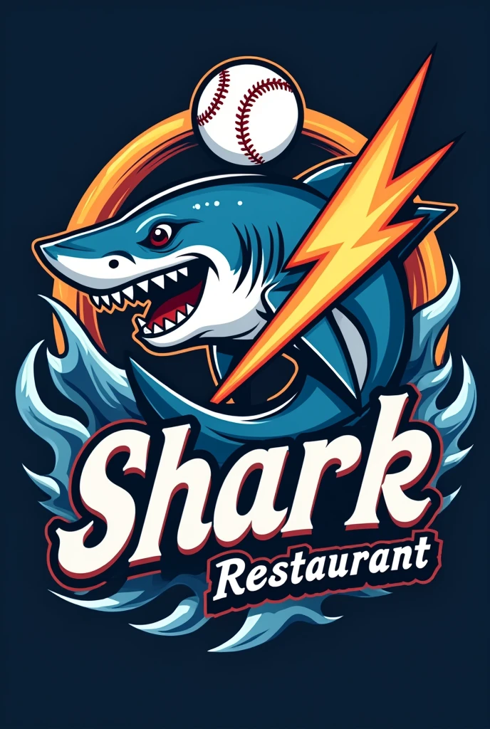 Make me a logo for a seafood restaurant , that has a shark , a lightning bolt and it's baseball