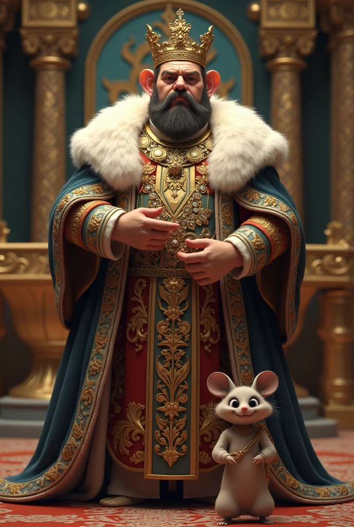 Create an image of an authority wearing luxury items and next to him a mouse wearing a toga