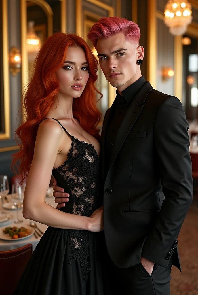 red-haired woman,with a man in a black suit,with pink hair,low fade hairstyle,with black fine and elegant attire black earring and full long wedding dress,black with black flowers,background of a refined restaurant with golden details,whole body all shiny