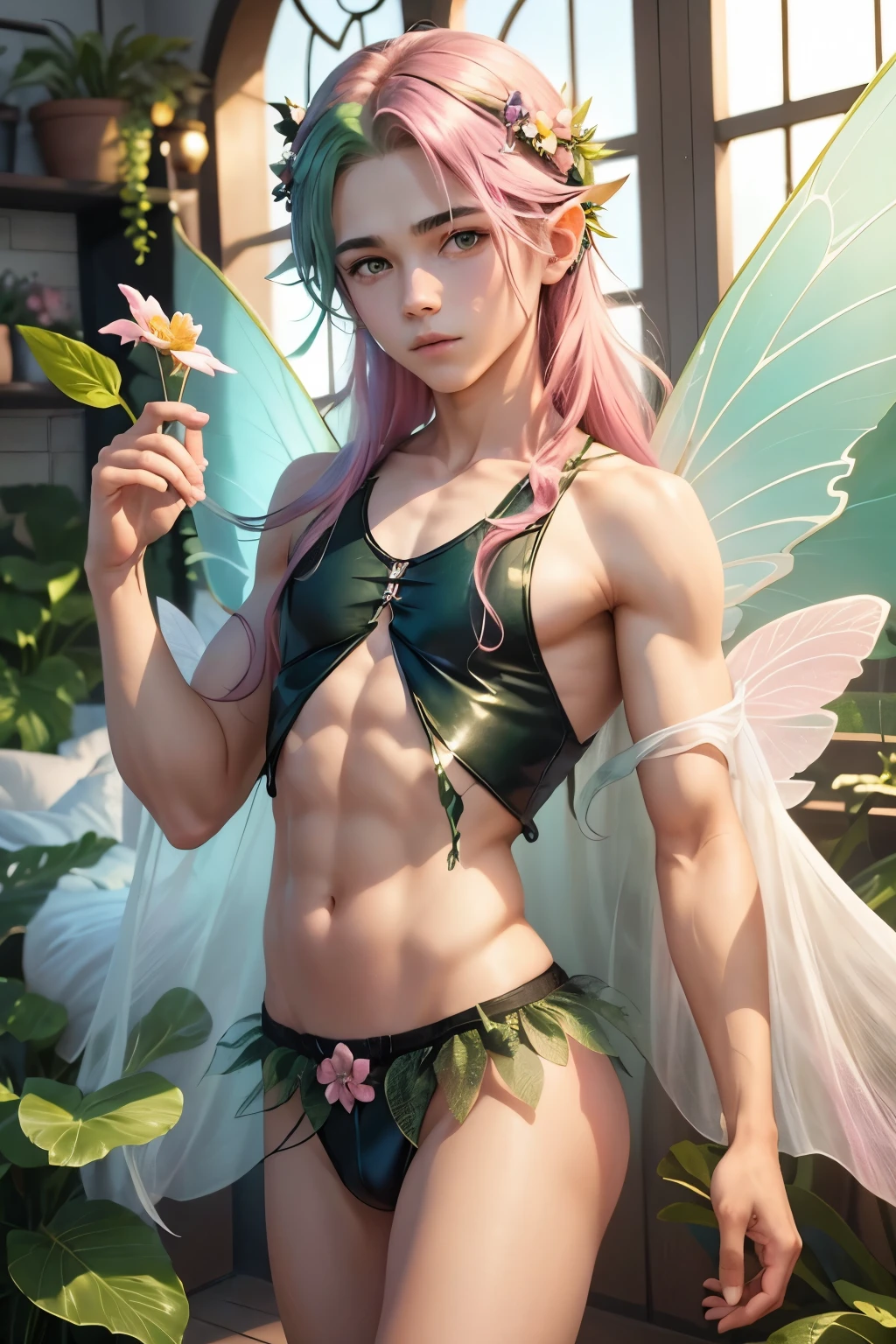 1boy, young male, teen, fairy, innocent face, cute face, youthful face, black eyes, fairy wings, flower fairy wings, pink fairy wings, long hair, green hair, thin body, short, sexy, skimpy, loincloth, flowers, plants on body, plant body, flowers in hair, plant outfit