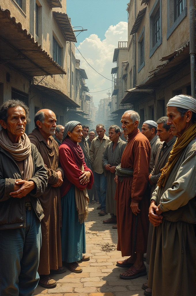 An image that portrays poverty and social inequality, justice and morality, faith and religiosity, compassion and hope With vivid colors, semi-realistic painting style