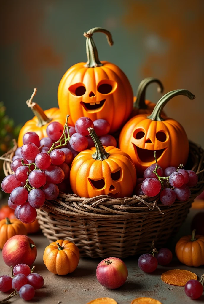 Grapes and pumkins which have faces are dun together in Fruit basket in dynamic form