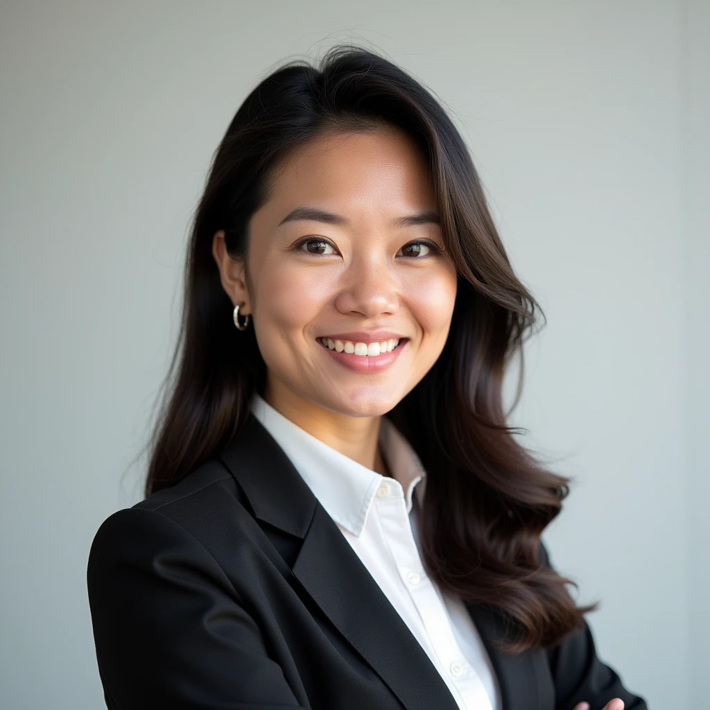"A professional headshot of an Asian Indonesian female mental health expert, wearing formal attire. The image should be clean and simple, with a neutral expression. 1:1 ratio."