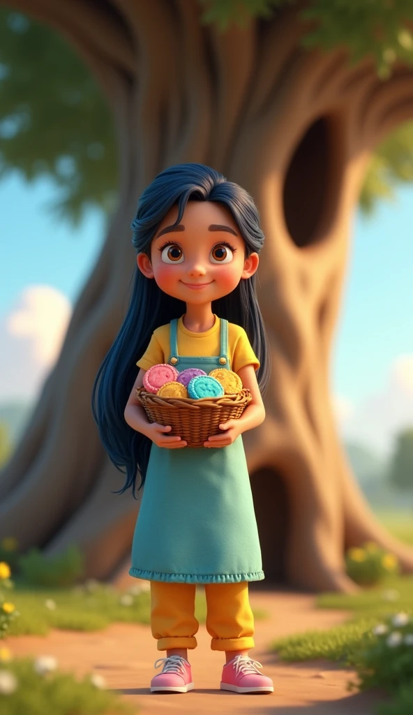 side view CAMERA of a ((masterpiece, best quality)), award winning, 4k, 8k, 3d pixar animation character, visible face, (one 2 woman NAMED BRISA), portrait, beautiful, cute, yellow shirt, yellow pants, light long blue apron, pink sneakers, long plaid blue hair, light tan skin, brown eyes, ((Perfect Hands)), UHD, 8K, natural STANDING pose, HOLDING A BASKET FULL OF COLORFUL COOKIES, BACKGROUND IS: ((masterpiece, best quality)),3d illustration of countryside el salvador, a big, tall and wide amate tree behind with a big hole in its trunk, her hight is about 1.70mts