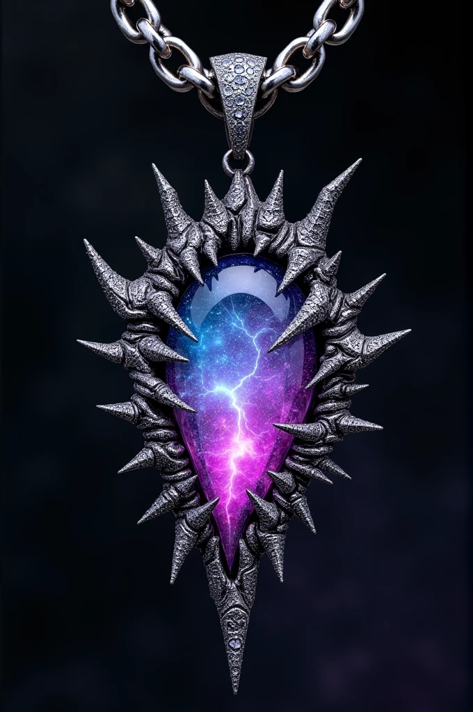 The pendant is a chaotic fusion of futuristic and organic elements, resembling an exploding meteorite frozen in time. At its core is a pulsating, iridescent gemstone that changes colors depending on the angle of the light—shifting from deep purples to electric blues and fiery reds, almost like a mini nebula trapped within.
Encasing the gemstone is a jagged, asymmetrical framework of blackened metal, reminiscent of a lightning strike or a burst of raw energy. The metal is encrusted with tiny, brilliant diamonds that catch the light in a thousand different directions, creating a dazzling, almost dizzying effect. The pendant also features abstract, alien-like engravings, as if inscribed by some extraterrestrial hand, adding to its otherworldly vibe.
Hanging from a chunky, industrial-style chain, the pendant’s chain links are each engraved with different symbols and motifs—some recognizable, others completely mysterious. The entire piece feels alive, as if it’s throbbing with the same electric energy that drives Travis Scott’s music and performances.
This is a statement piece, designed to be noticed from across the room, reflecting both the chaotic genius and the cosmic inspiration that fuels Travis Scott’s creative universe.