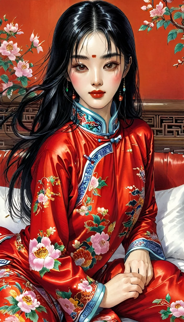 One woman　She is a beautiful 1 Chinese kung fu princess with long black hair.　Gorgeous embroidery, Ultra glossy, She is wearing shiny red long sleeve floral pajamas....　After being subjected to intense sexual acts for the sake of procreation, she is laid down on a red futon and sleeps, exhausted.　She spread her legs wide and cum spilled out of her hairy pussy.　aftersex