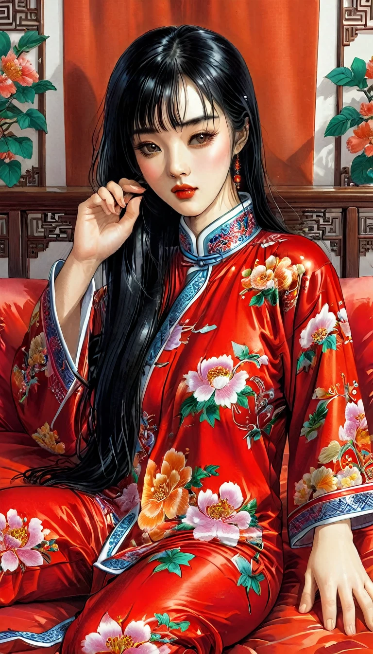 One woman　She is a beautiful 1 Chinese kung fu princess with long black hair.　Gorgeous embroidery, Ultra glossy, She is wearing shiny red long sleeve floral pajamas....　After being subjected to intense sexual acts for the sake of procreation, she is laid down on a red futon and sleeps, exhausted.　She spread her legs wide and cum spilled out of her hairy pussy.　aftersex