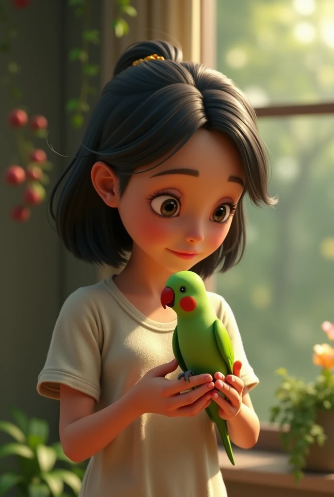3d animation, woman with dark hair, holding a small green bird, with a red beak, of the ring neck species Psitaculla krameri