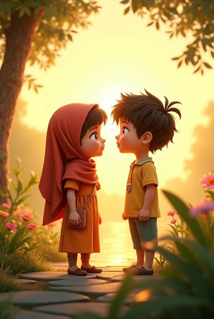 Imagine a girl and boy in front of sunlight with boy name irzam and girl name hafsa