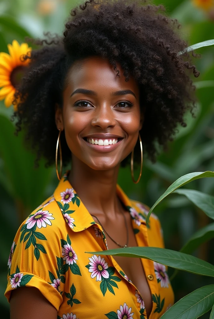 A Brazilian woman in a lush tropical garden, wearing an open shirt with a floral print, with a close-up capturing the harmonious beauty between her breasts and the natural flowers, showing off your natural charm and outgoing personality.