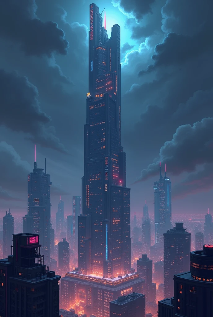 A panoramic of a cyberpunk futuristic high building, dark sky, cyberpunk, future, centered, high quality, high detailed, 24-bit pixel art, sega dreamcast bitmap image, clean pixel art, pixel art style, cover art style, award winning ilustration
