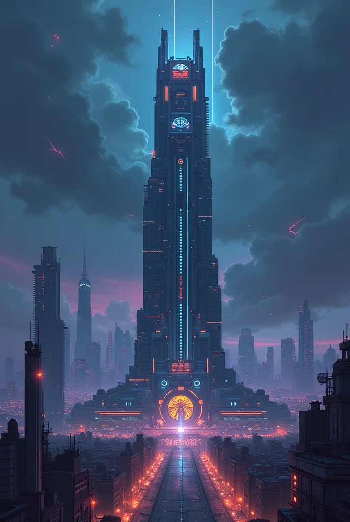 A panoramic of a cyberpunk futuristic high building, dark sky, cyberpunk, future, centered, high quality, high detailed, 24-bit pixel art, sega dreamcast bitmap image, clean pixel art, pixel art style, cover art style, award winning ilustration
