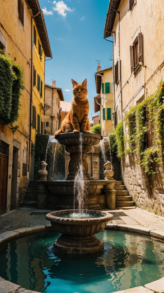 girl, giant ginger cat, sunny day, old city, Italia, fountain, fairy tale, high quality, 4k