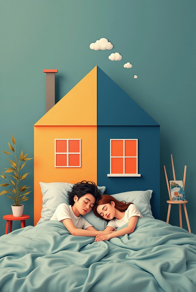 COUPLE OF MAN AND WOMAN SLEEPING AND DREAMING (LITTLE BALLOON) WITH A PAINTER PAINTING THE HOUSE (HOUSE WITH AND WITHOUT COLOR)