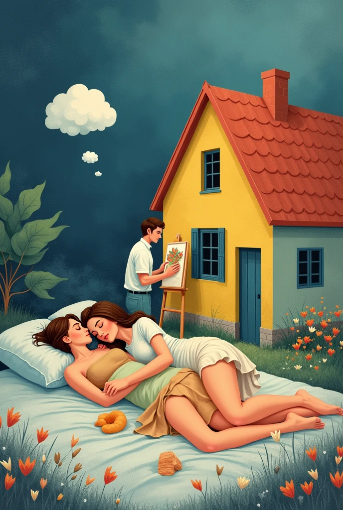 COUPLE OF MAN AND WOMAN SLEEPING AND DREAMING (LITTLE BALLOON) WITH A PAINTER PAINTING THE HOUSE (HOUSE WITH AND WITHOUT COLOR)