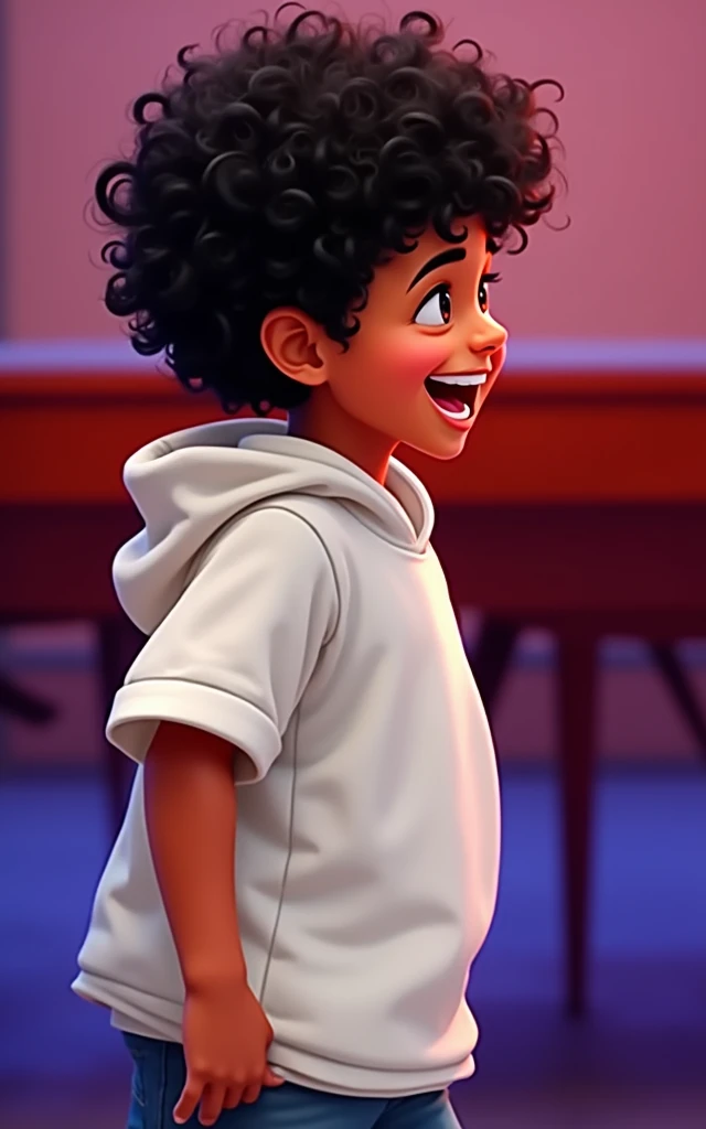 A digital portrait of a cheerful boy with curly hair, wearing a black shirt, happily singing . The character has dark skin and is depicted in a vibrant, cartoon style with a warm and inviting atmosphere. The image captures the essence of joy and energy, focusing on the boy's expressive features and dynamic pose. The artwork should emphasize the playful nature of the character, with attention to detail in the curly hair, lively expression, and the overall concept of a happy and carefree moment.

