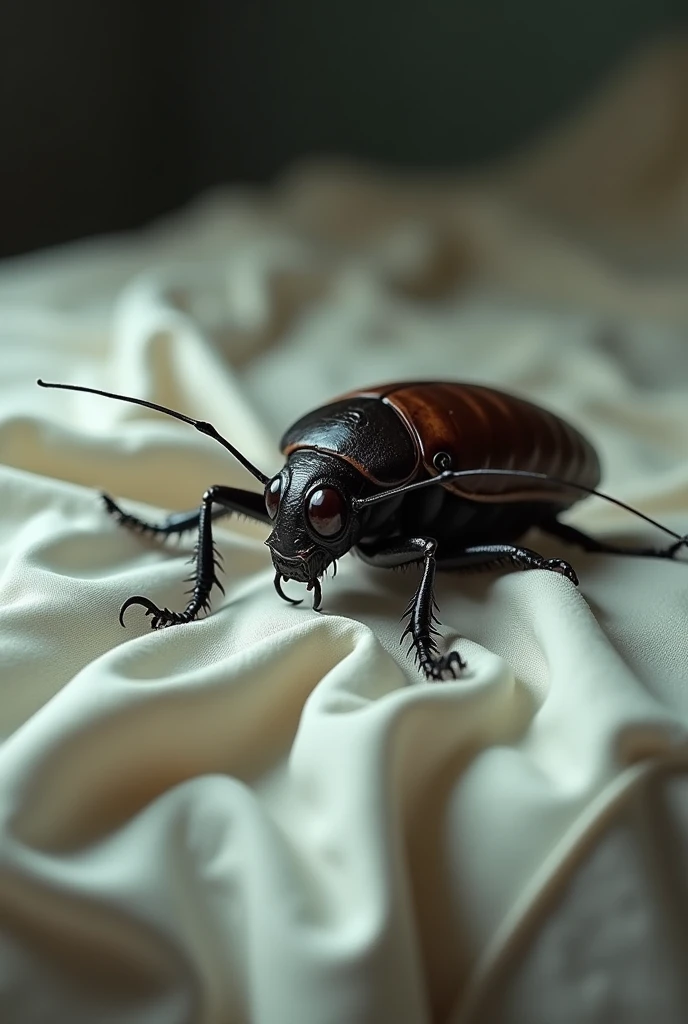 A cockroach with a hateful eye on the sheet