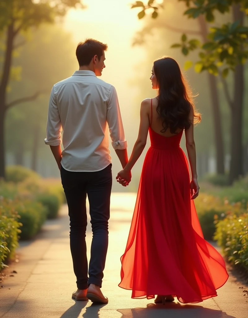 Couples man and a woman hold hand together while walking in the a woman with red dress