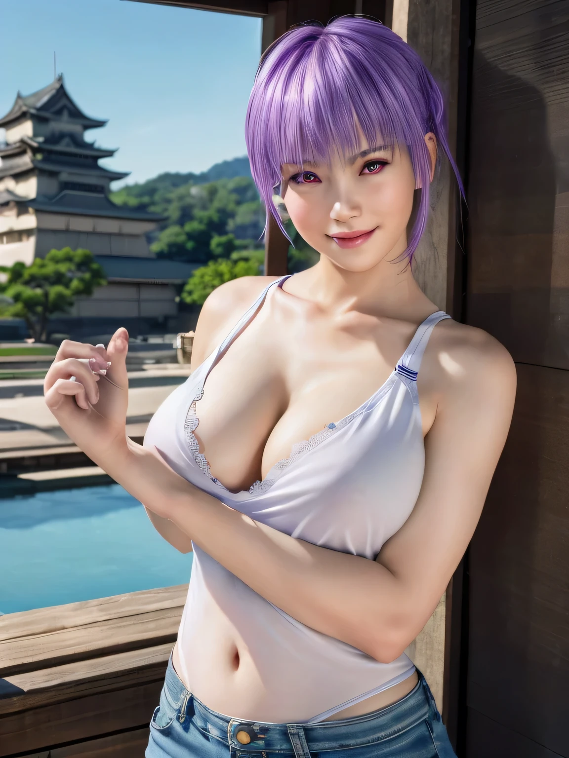 Ayane, casual, beautiful, Himeji castle, Tank top, String,(Very detailedbeautiful顔),smile,View your viewers, Cowboy Shot,(Highest quality,masterpiece:1.0),Absurd,High resolution,Very detailed,Very detailed,32K,8k resolution, Intricate details,Movie Scenes,Detailed Background,alone,Dynamic Angle, Realistic,