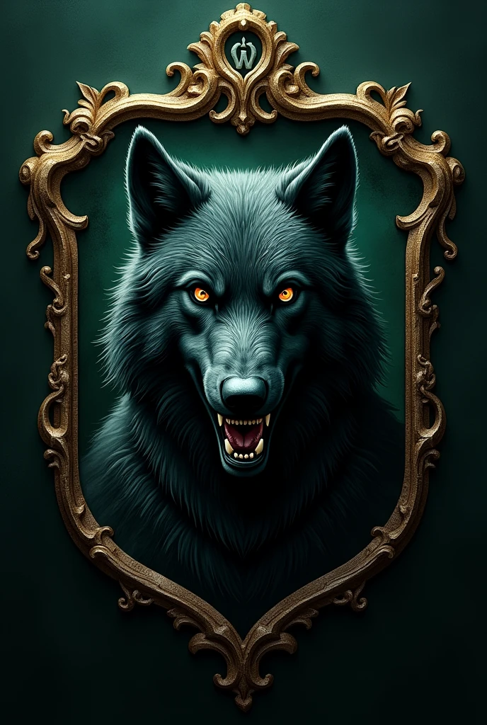 The emblem of the Necromancy faculty at Hogwarts. The color is dark green, the emblem has a black wolf with a grin. The symbolism of necromancy. Coat of arms in a beautiful frame. Sterious mysterious gloomy vibes.
