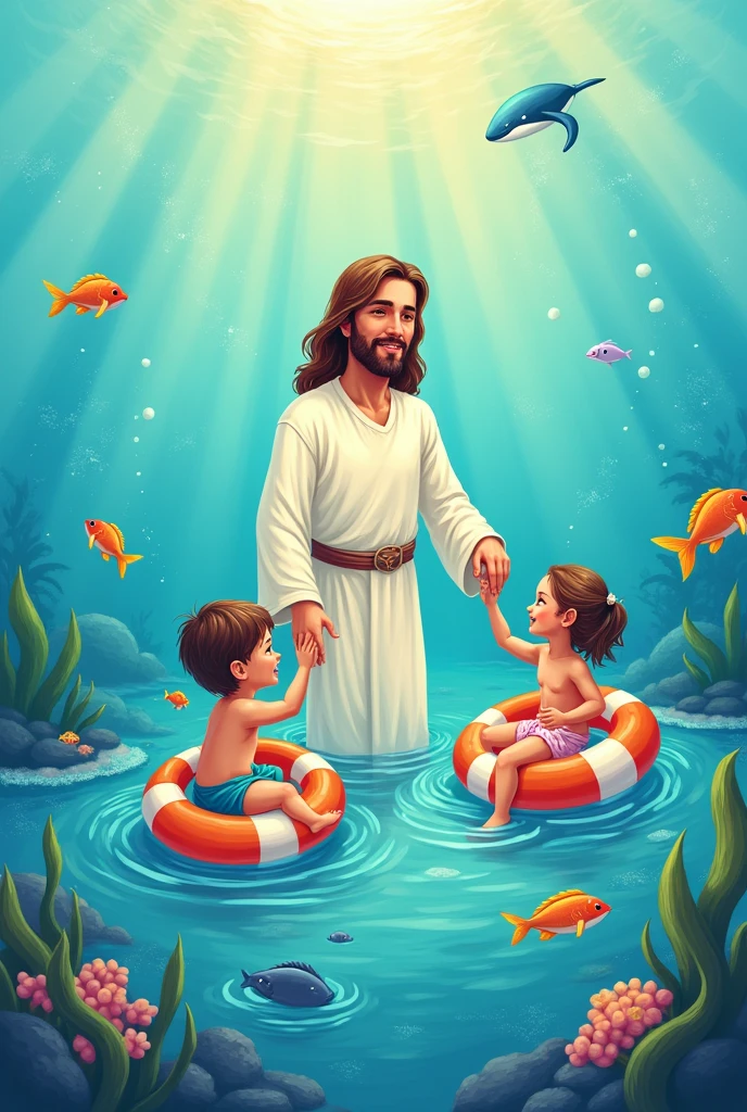 Create a written shirt art : Jesus our lifesaver. DRAWING of JESUS in the sea, with 2 cute kids with float, put fish, whale and turtles.
I want all the art in DRAWING