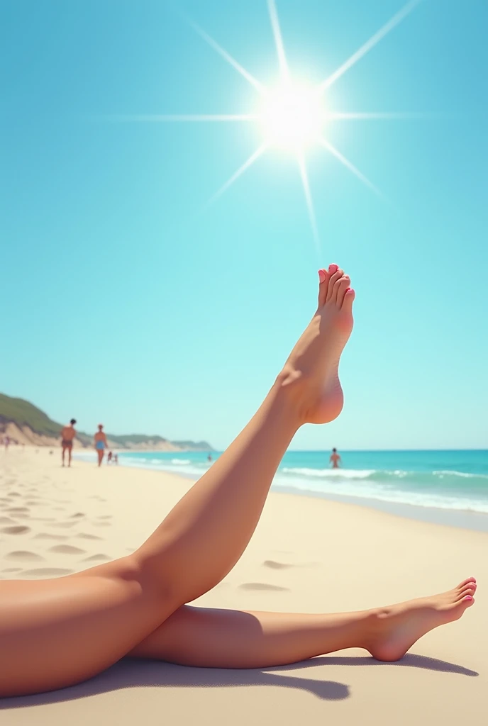 photo realiste, jambes de femmes 24 ans, lying by the sea, sur le sable, blue sky with big sun, vernis a ongles rose sur les ongles de pieds, with a few people in the background