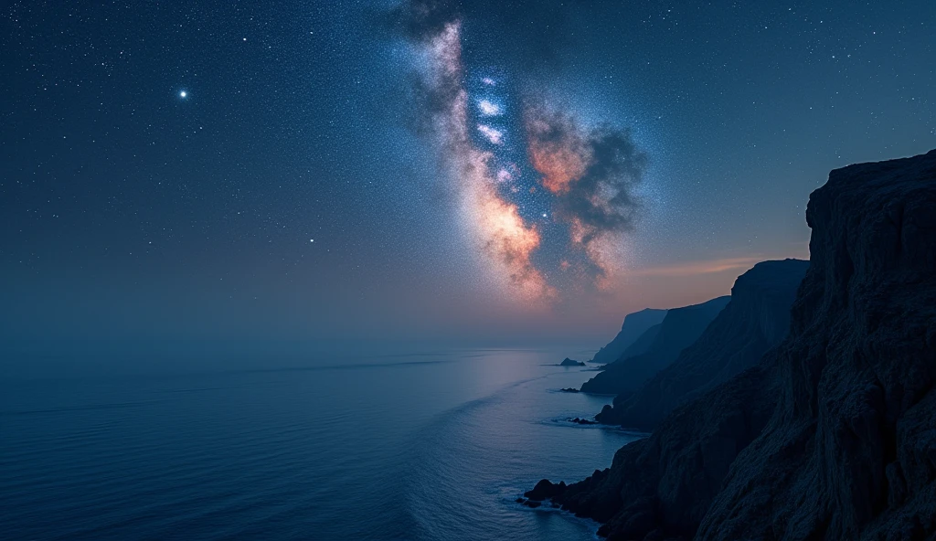 night view from cliff above sea, instead of sky is slightly visible galaxy
