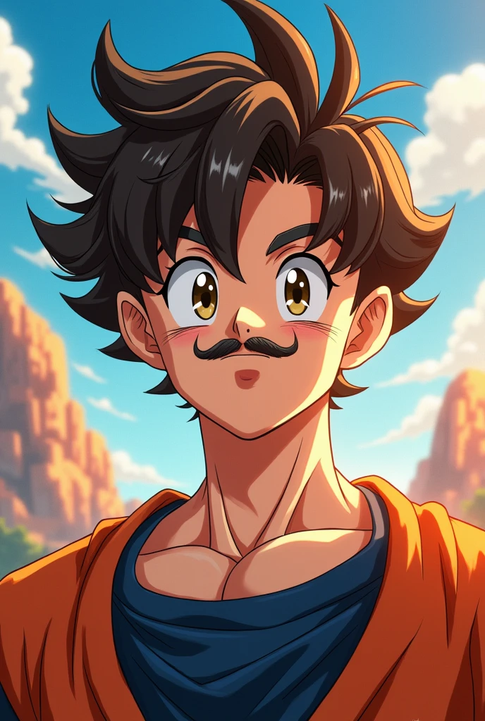 You can create the image of a brown-haired boy with a booklet hairstyle,with light brown eyes,and with very little yellowish brown moustache and facial hair that covers only the reddish brown pear part of approximately one 20 years? with the graphics of fragon ball z