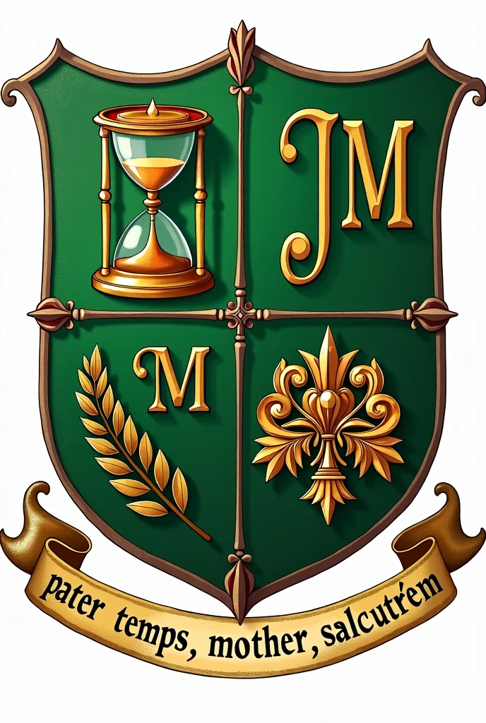 Coat of arms classic shield, in green divided into 4 parts. In one of the parts, a golden hourglass on a green background. In another part o símbolo "rod of Asclepius" doradas. In another part: the initials JM in a classic gothic serif font, em doradas, on a green background. In another part Um ramo de oliveira, doradas on a green background. Below the shield, in a wavy strip, the phrase in latin "Pater Tempus Mater Salutem" in golden letters, with the blank strip.