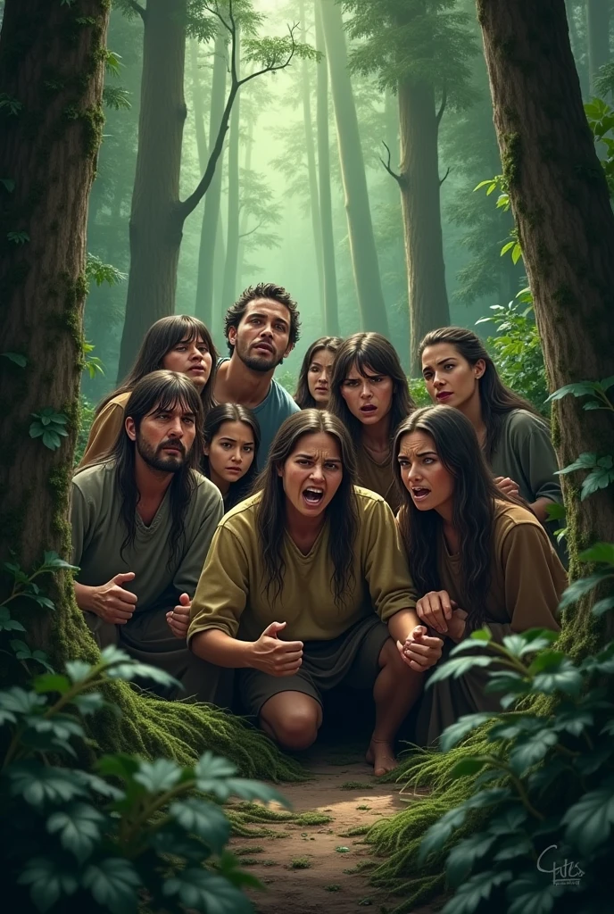 Village people with upset face in forest 