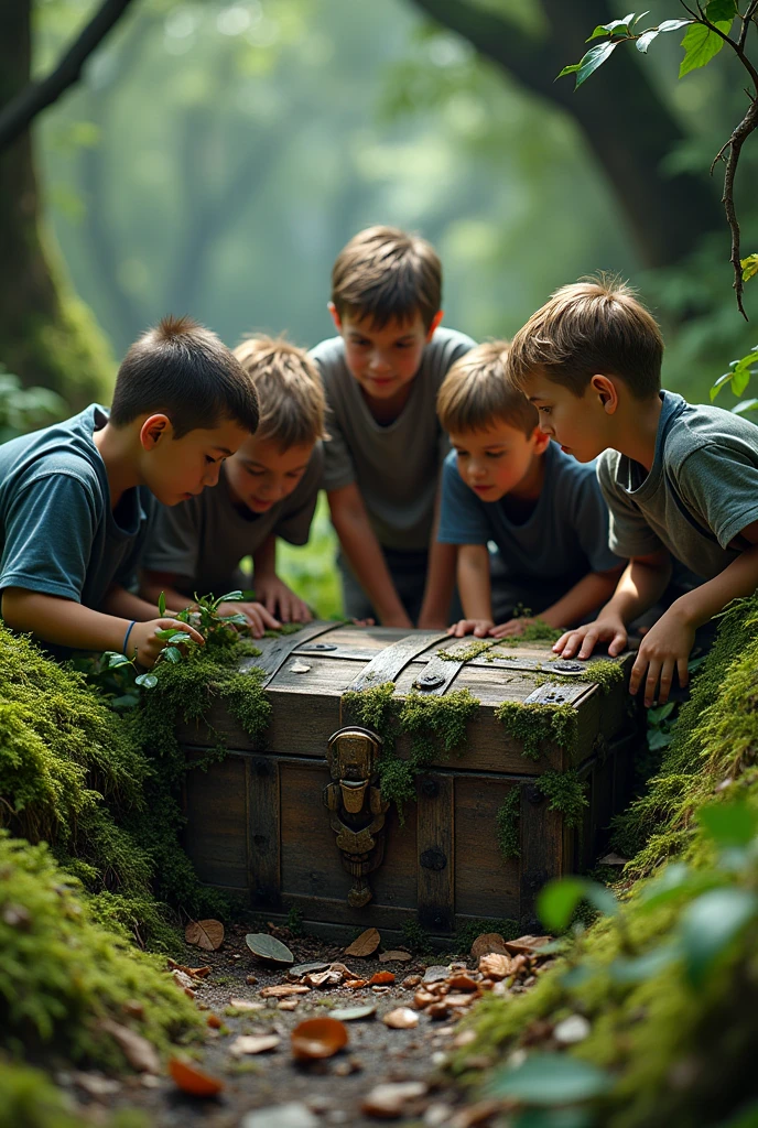 The boys reach an old, moss-covered chest partially buried in the ground.