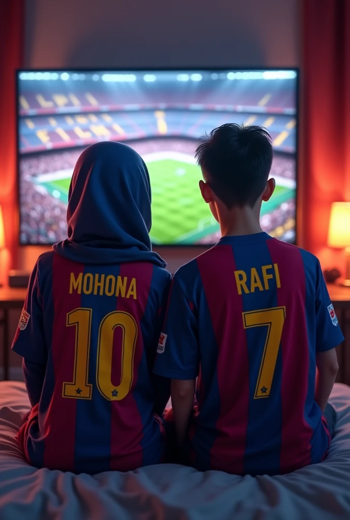 A couple name Mohona (girl) and Rafi (boy) is watching a football match Between Barcelona and Real mardid in their room. They are 20 years old. Both are Wearing Jersey and Their name behind the Jersey. Their Jersey number will be 10 and 7. It's need to show their name properly. The girl wear a hijab.