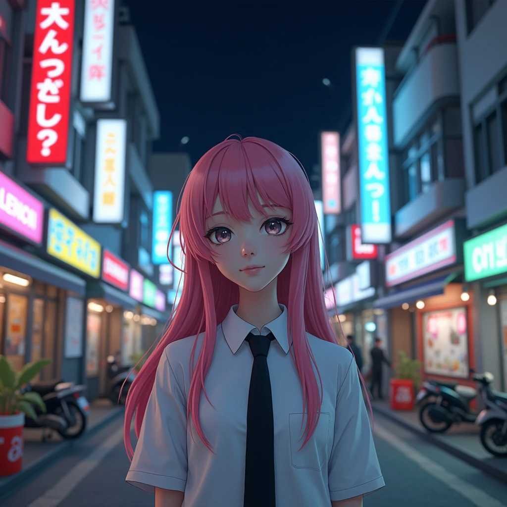 One person, Long pink hair, Red Corner, White collared shirt, Black tie, A light smile, Good eyes, Keratinous_force,, building,shop,Town Street, Dark Sky, scenery,Neon Signs,City of night, Japanese lyrics,, , Absurd, Detailed eyes, Very detailed, Volumetric lighting, Realistic, Realistic lighting, 8k, Cinema Lighting, Depth of written boundary, perfection, Super detailedな, photoRealistic, ultra Realistic, Realistic light, hard lighting, Intricate details, stop-motion, Tone Mapping, Sharp focus, Super detailed,