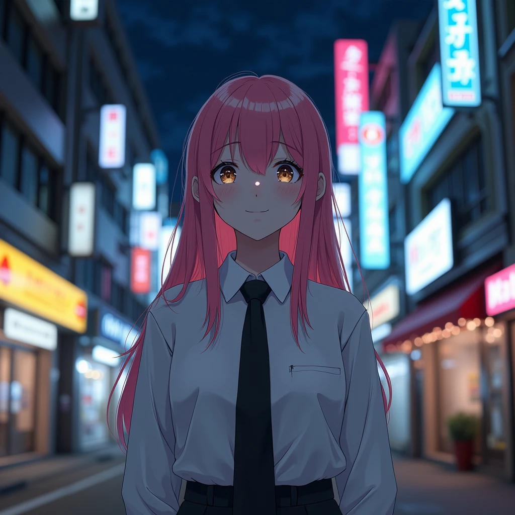 One person, Long pink hair, Red Corner, White collared shirt, Black tie, A light smile, Good eyes, Keratinous_force,, building,shop,Town Street, Dark Sky, scenery,Neon Signs,City of night, Japanese lyrics,, , Absurd, Detailed eyes, Very detailed, Volumetric lighting, Realistic, Realistic lighting, 8k, Cinema Lighting, Depth of written boundary, perfection, Super detailedな, photoRealistic, ultra Realistic, Realistic light, hard lighting, Intricate details, stop-motion, Tone Mapping, Sharp focus, Super detailed,