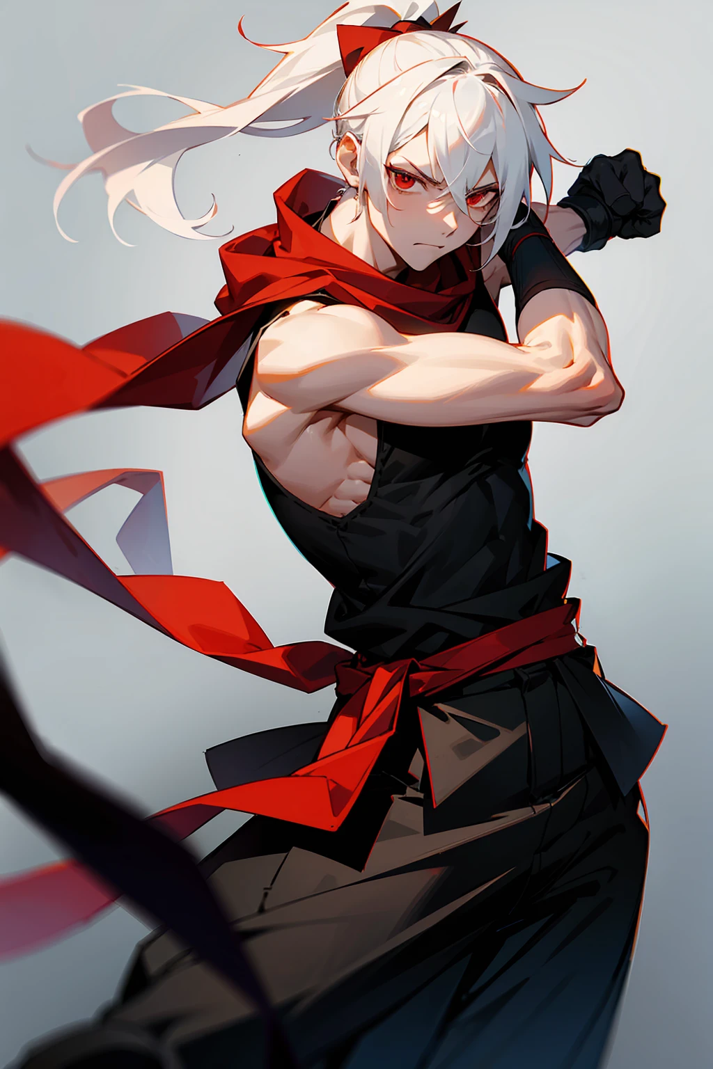 1male, Adult, Ponytail, White Hair, Black Sleeveless Shirt, Baggy Black Pants, Red Eyes, Red Scarf, Fighting Stance