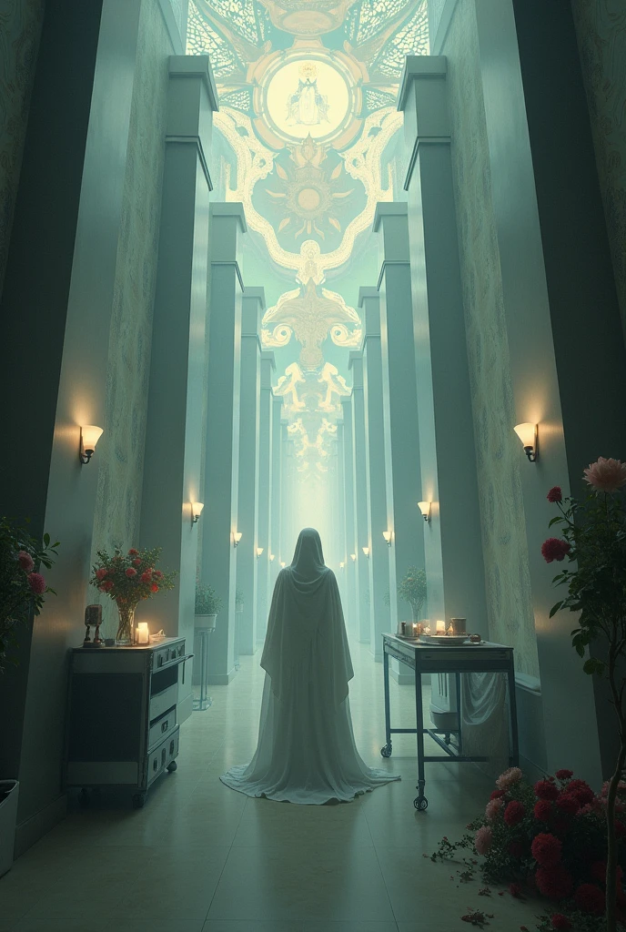 a composition that combines elements of an altar and a hospital with blurring effects

