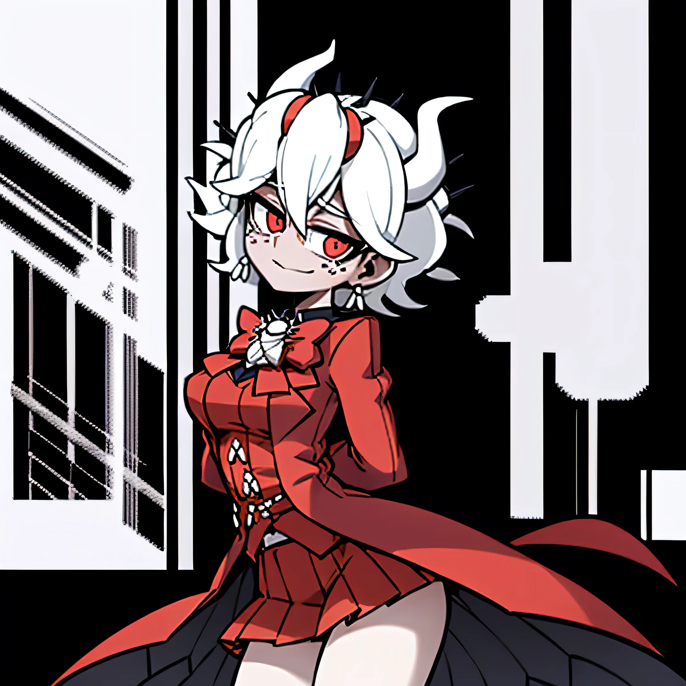 beelzebub(helltaker), red bowtie,1girl, looking at viewer, red eyes, demon horns, white hair, smile, earrings, closed mouth, demon girl, red gloves, gloves, jewelry, horns, white horns, solo, hair between eyes, cowboy shot, solo, short hair, school uniform, skirt, standing, leaning forward, arms behind back, smile, classroom