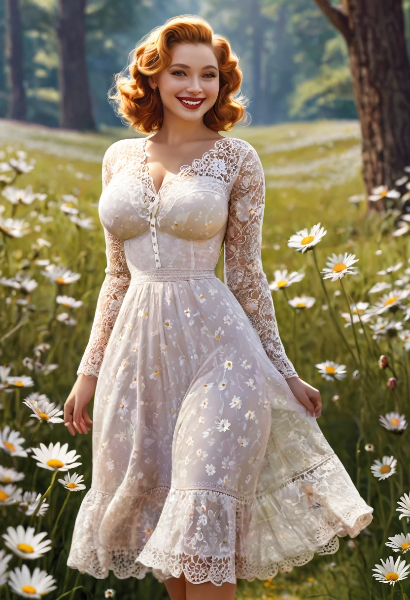 Scarlet Johanson. svelte, lean curvaceous-figure. cute long sleeved. lace boho dress. dd-cup sized breasts. short and dainty. happy, smiling cheerful face. Skipping in a magical meadow of daisies. Magical realism. 1950s Panovision 70. 4K Ultra HD, Extreme Detail And Intricate Realism. Stunning 2D Vector Detailed clear. lifelike.