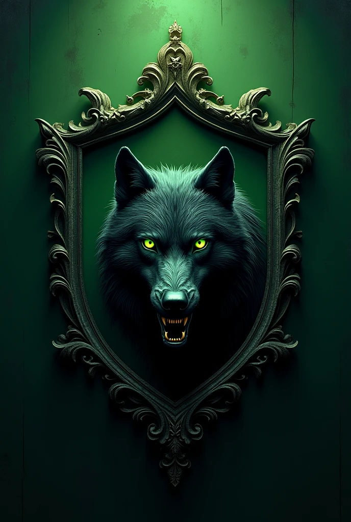 The emblem of the Necromancy faculty at Hogwarts. The color is dark green, the emblem has a black wolf with a grin. Wolf's eyes are green. The symbolism of necromancy. Coat of arms in a beautiful frame. Sterious mysterious gloomy vibes.