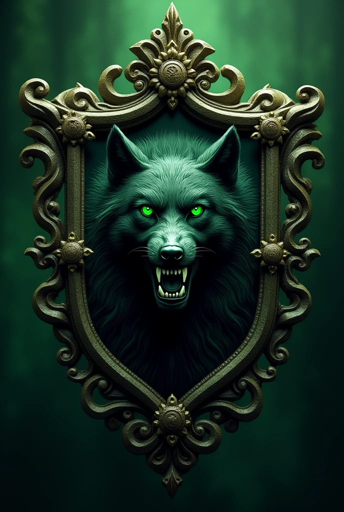 The emblem of the Necromancy faculty at Hogwarts. The color is dark green, the emblem has a black wolf with a grin. Wolf's eyes are green. The symbolism of necromancy. Coat of arms in a beautiful frame. Sterious mysterious gloomy vibes.